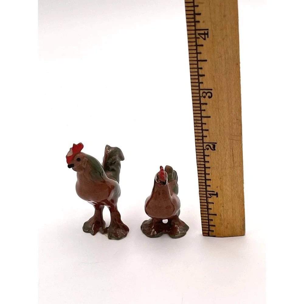 Rooster Hen Chicken Figurine Set Ceramic Miniature Farm Birds Pair